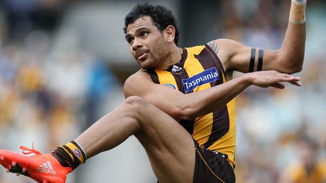 Rioli kicks a long goal against Collingwood at the MCG. Picture: Michael Klein