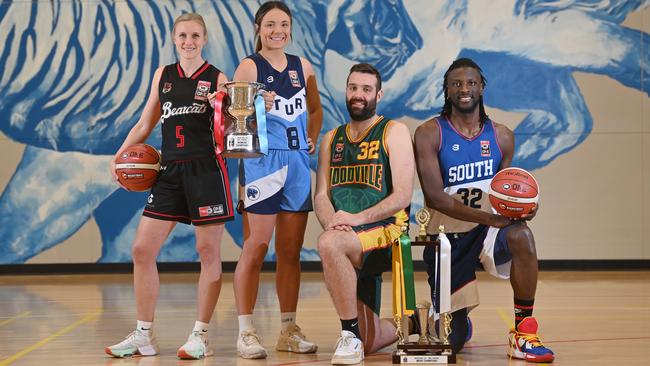 NBL1 Central Captains Sky Langenbrinck (West Adelaide), Lauren Gibbons (Sturt), Alex Maiorana (Woodville) and Alex Starling (South) and will play off in the men's and women's grand finals on Saturday. Picture: Keryn Stevens