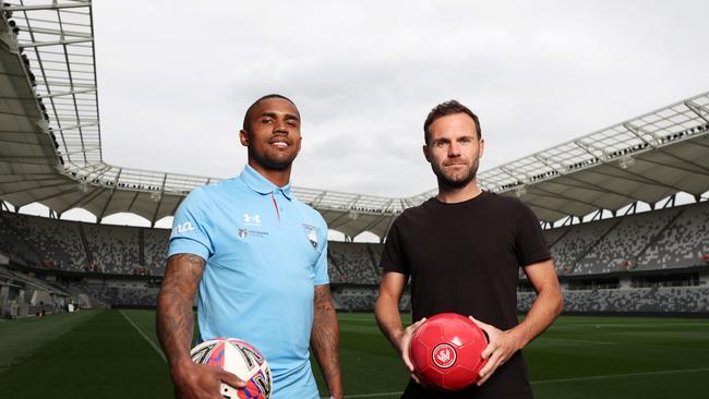 Douglas Costa of Sydney FC (L) and Juan Mata of the Wanderers (R) pose during an A-League media opportunity at CommBank Stadium on October 16, 2024 in Sydney, Australia. Picture: Matt King/Getty Images