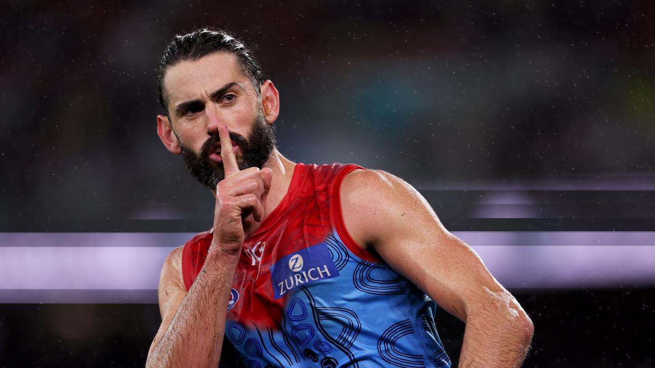 ADELAIDE, AUSTRALIA - MAY 19: Brodie Grundy of the Demons celebrates a goal during the 2023 AFL Round 10 match between Yartapuulti/Port Adelaide Power and Narrm/Melbourne Demons at Adelaide Oval on May 19, 2023 in Adelaide, Australia. (Photo by James Elsby/AFL Photos via Getty Images)