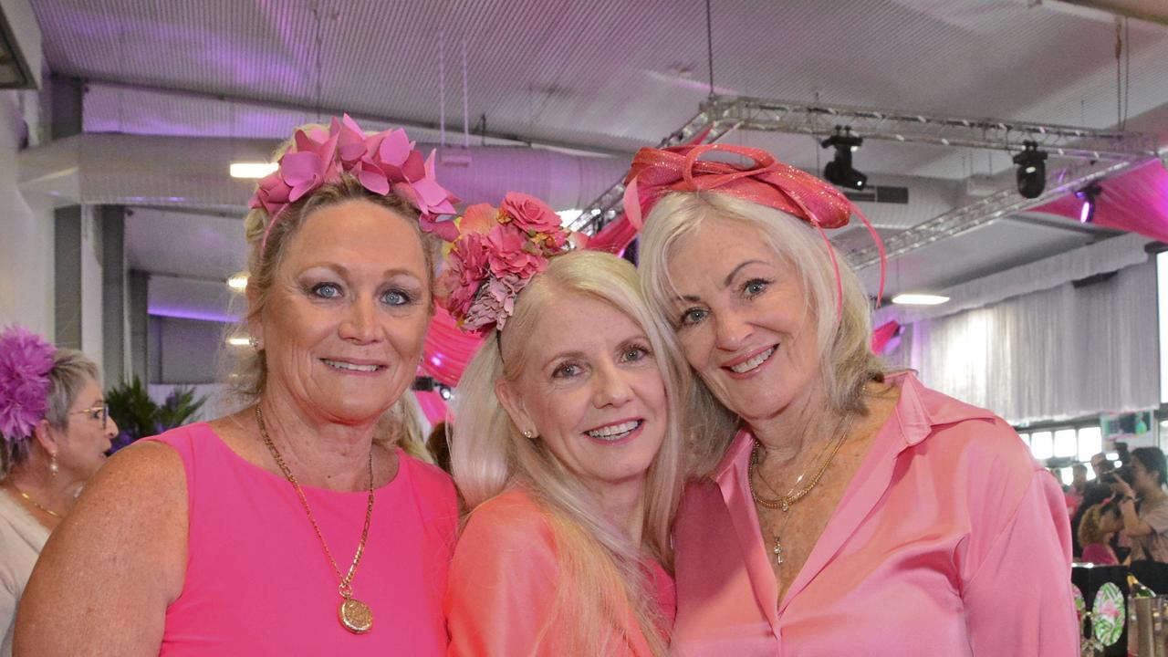 Vicki Lewis, Allison Borland and Marilyn Crocker at Pink Ribbon Race Day in the Events Centre, GCTC Bundall. Pic: Regina King