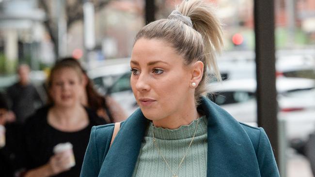 Nurse and AFLW Crows player Deni Varnhagen arriving at the South Australia Supreme Court in Adelaide. Picture: NCA NewsWire/Brenton Edwards