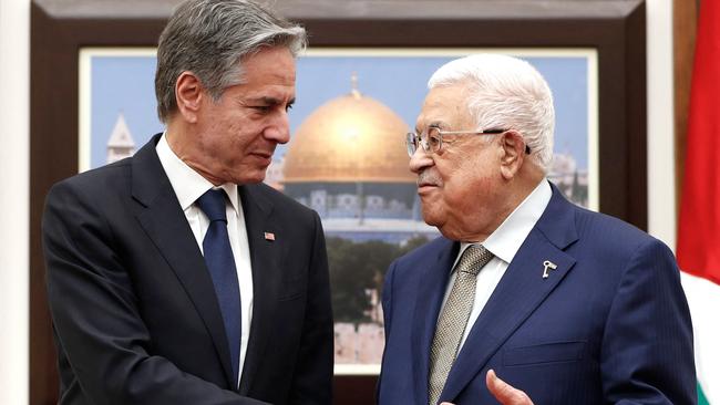 US Secretary of State Antony Blinken, (L) meets with Palestinian President Mahmoud Abbas in the city of Ramallah in the occupied West Bank earlier this month. Picture: AFP.