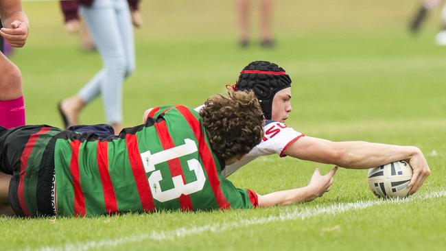 Mason Stottelaar scores a try for Central Coast Roosters during their Harold Matthews rugby league match versus South Sydney at Morry Breen Oval at Kanwal on Saturday. Picture: Troy Snook