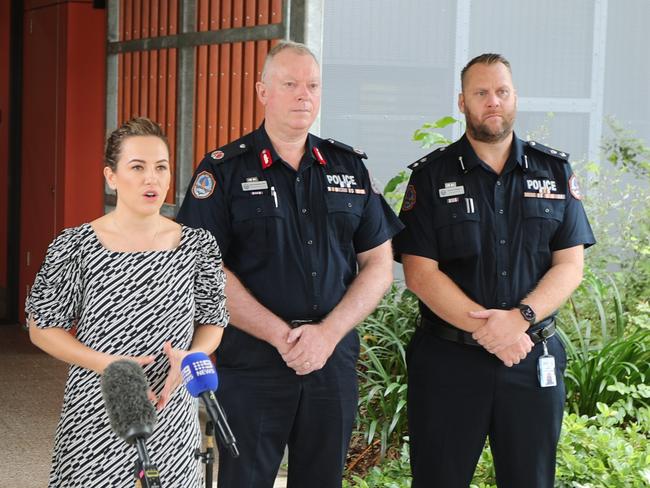 Doctor Rebecca Day, NT Chief Minister Lia Finocchiaro, assistant commissioner Matt Hollamby and superintendent Rick Magree talk about safety over the Christmas period. Picture: Sam Lowe