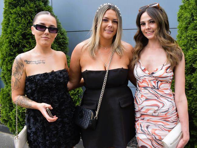 Grace Johnson, Maddie Kellett and Cassie Burnett enjoying all the action at the Ladbrokes Cranbourne Cup on Saturday, November 23, 2024. Picture: Jack Colantuono