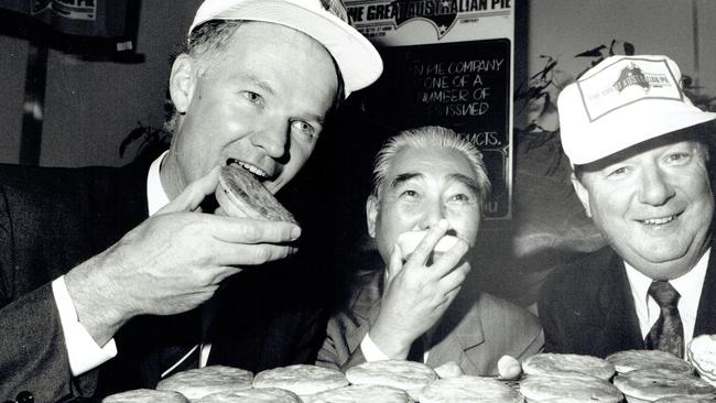 Opening of the extensions to the Great Australian Pie Company by Queensland Premier Wayne Goss. L-R Wayne Goss, Takeshi Fujiwara, Kel Netting. Taken 29/11/90 by Richard Webb.