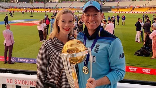 Tara Morgan with husband Eoin Morgan with the Cricket World Cup trophy. PICTURE: Instagram.