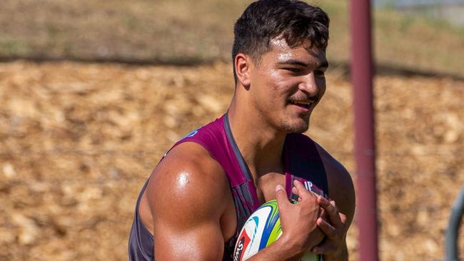 Reds centre Jordan Petaia getting in the groove under a high ball at Ballymore training. Picture: Tom Mitchell, QRU