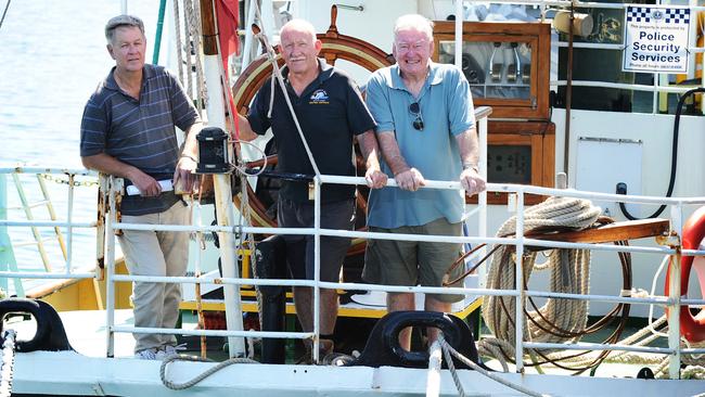 Volunteers Trevor Cox, Terry Aitken and Keith Ridgeway on the Falie at Port Adelaide. Picture: Michael Marschall