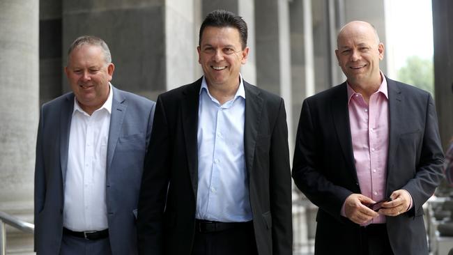 Nick Xenophon (centre) with his new candidates Gary Johanson and Kris Hanna at Parliament House. Picture: Calum Robertson