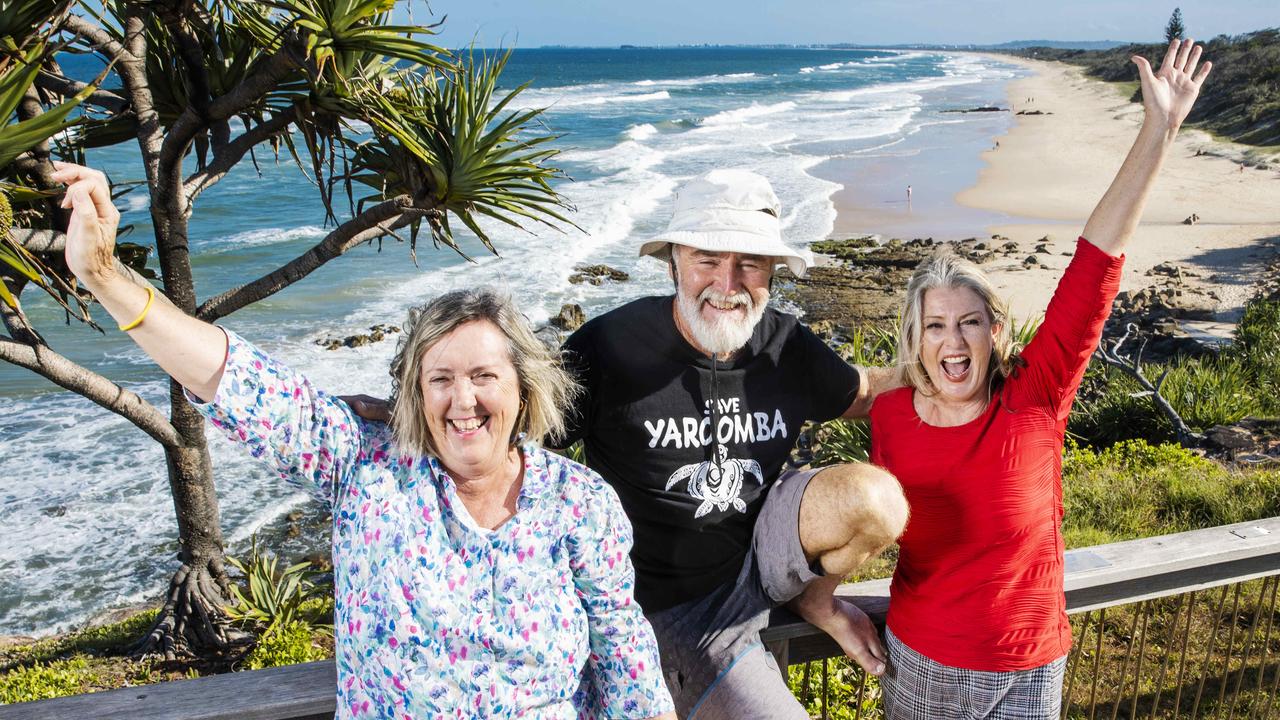 Lyn Saxton from Development Watch, Jim Moore of Friends of Yaroomba and Narelle McCarthy from the Sunshine Coast Environmental Council, celebrate a major win at The Court of Appeal over the controversial Sekisui House Yaroomba Development. Picture Lachie Millard