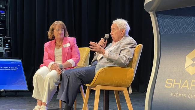 The Property Council's Gold Coast committee chair Lisa Murdoch questions Meriton managing director Harry Triguboff at the Gold Coast Market Outlook Lunch on February 17, 2023.