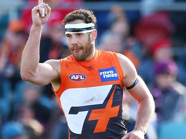 CANBERRA, AUSTRALIA - AUGUST 05:  Shane Mumford of the Giants celebrates a goal during the round 20 AFL match between the Greater Western Sydney Giants and the Melbourne Demons at UNSW Canberra Oval on August 5, 2017 in Canberra, Australia.  (Photo by Mark Nolan/AFL Media/Getty Images)