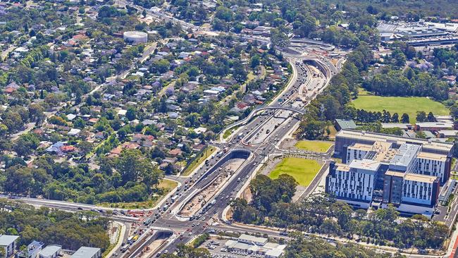 An aerial view of construction work on the Warringah Rd underpass, part of the upgrading of roads around Northern Beaches Hospital. Picture: Transport for NSW