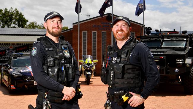 Acting Sergeant Josh Kriston and Senior Constable Jack Casey at the Queensland Police Service Open Day. Picture: Evan Morgan