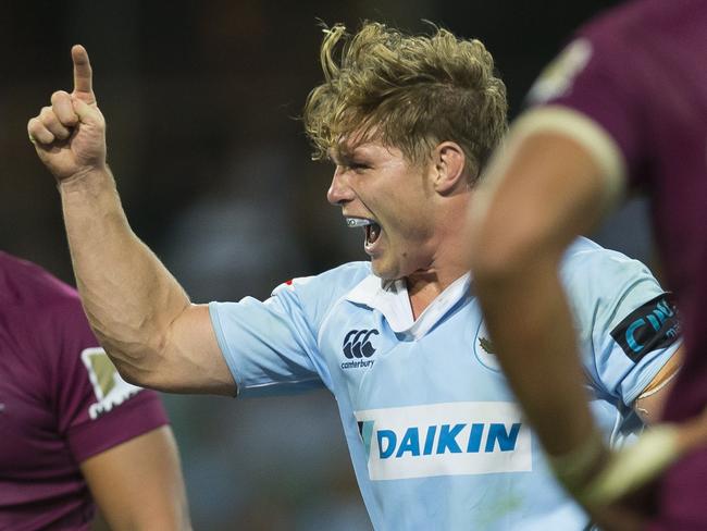 *RETRANSMISSION - caption correction* Michael Hooper of the Waratahs celebrates a try by Harry Johnson-Holmes of the Waratahs during the Round 9 Super Rugby match between the NSW Waratahs and the Queensland Reds at the SCG in Sydney, Saturday, April 14, 2018. (AAP Image/Craig Golding) NO ARCHIVING, EDITORIAL USE ONLY