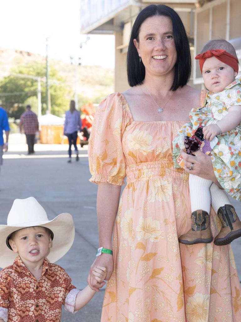 Katie Bowie with Dusty, 3, and Lola, six months, at Mount Isa Mines Rodeo. Picture: Peter Wallis