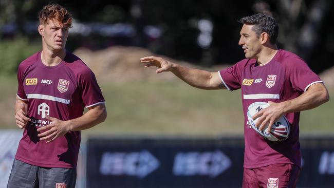 Kalyn Ponga and Maroons coach Billy Slater. Picture: AAP Image/Glenn Hunt