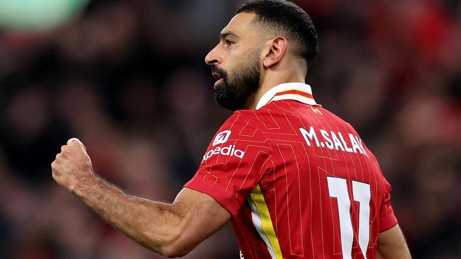 LIVERPOOL, ENGLAND - NOVEMBER 02: Mohamed Salah of Liverpool celebrates scoring his team's second goal during the Premier League match between Liverpool FC and Brighton & Hove Albion FC at Anfield on November 02, 2024 in Liverpool, England. (Photo by Jan Kruger/Getty Images)