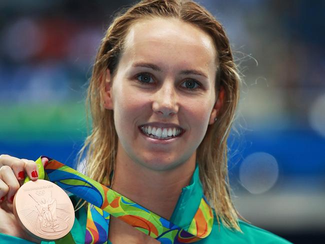 Australia's Emma McKeon with her bronze medal she won in the Women's 200m freestyle final on day 4 of the swimming at the Rio 2016 Olympic Games. Picture. Phil Hillyard