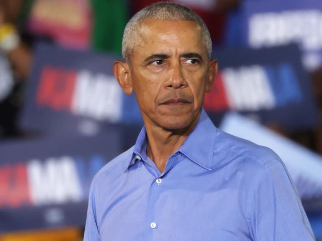 CLARKSTON, GEORGIA - OCTOBER 24: Former U.S. President Barack Obama speaks during a campaign event for Democratic presidential nominee, U.S. Vice President Kamala Harris, at the James R Hallford Stadium on October 24, 2024 in Clarkston, Georgia. Harris and Republican presidential nominee, former U.S. President Donald Trump, continue campaigning in battleground swing states before the November 5th election. Alex Wong/Getty Images/AFP (Photo by ALEX WONG / GETTY IMAGES NORTH AMERICA / Getty Images via AFP)