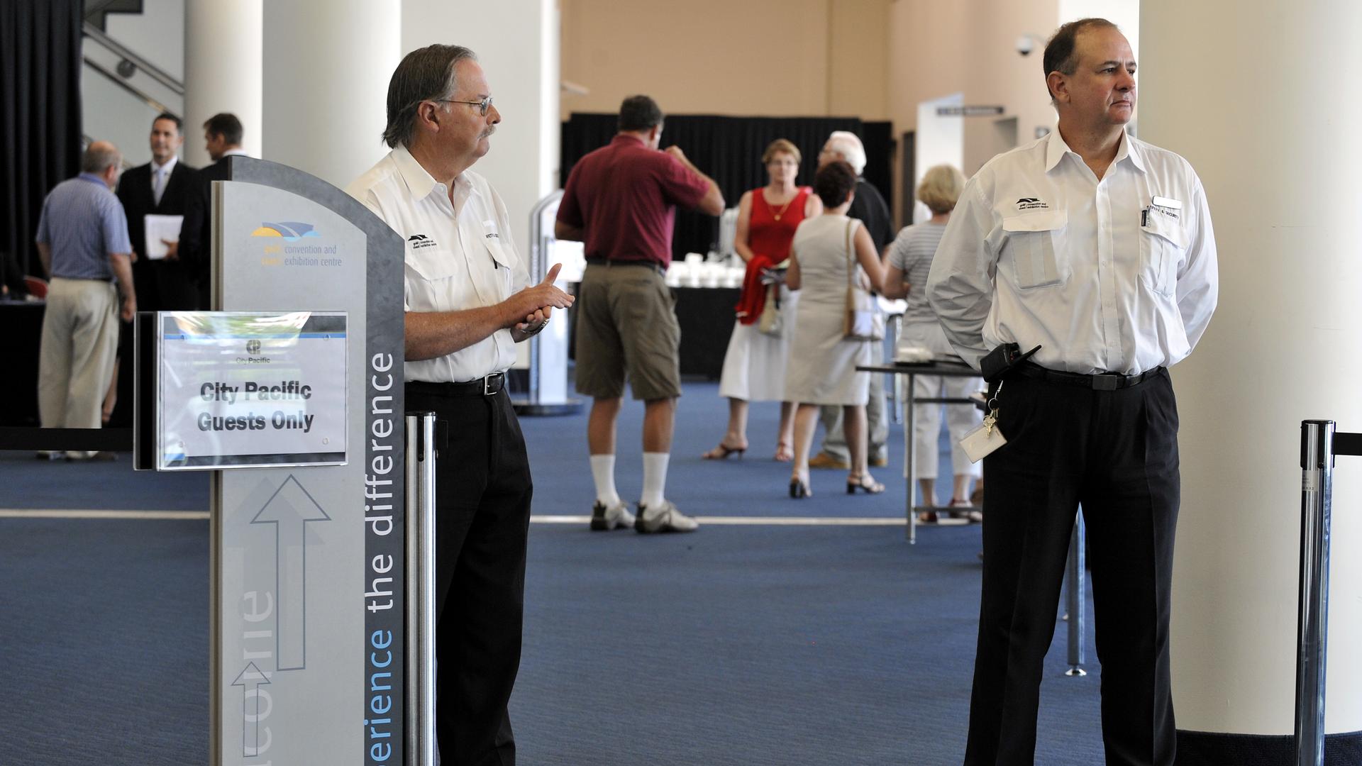 City Pacific annual general meeting at the Gold Coast Convention Centre : Security at the entrance. (Please note photographers were not allowed to enter the meeting)