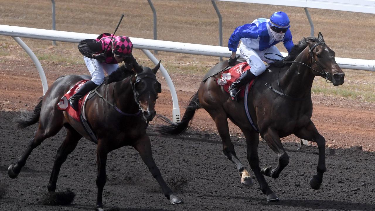 Ideas Man ridden by jockey Paul Shiers wins at Darwin Ladies Day. Picture: (A)manda Parkinson