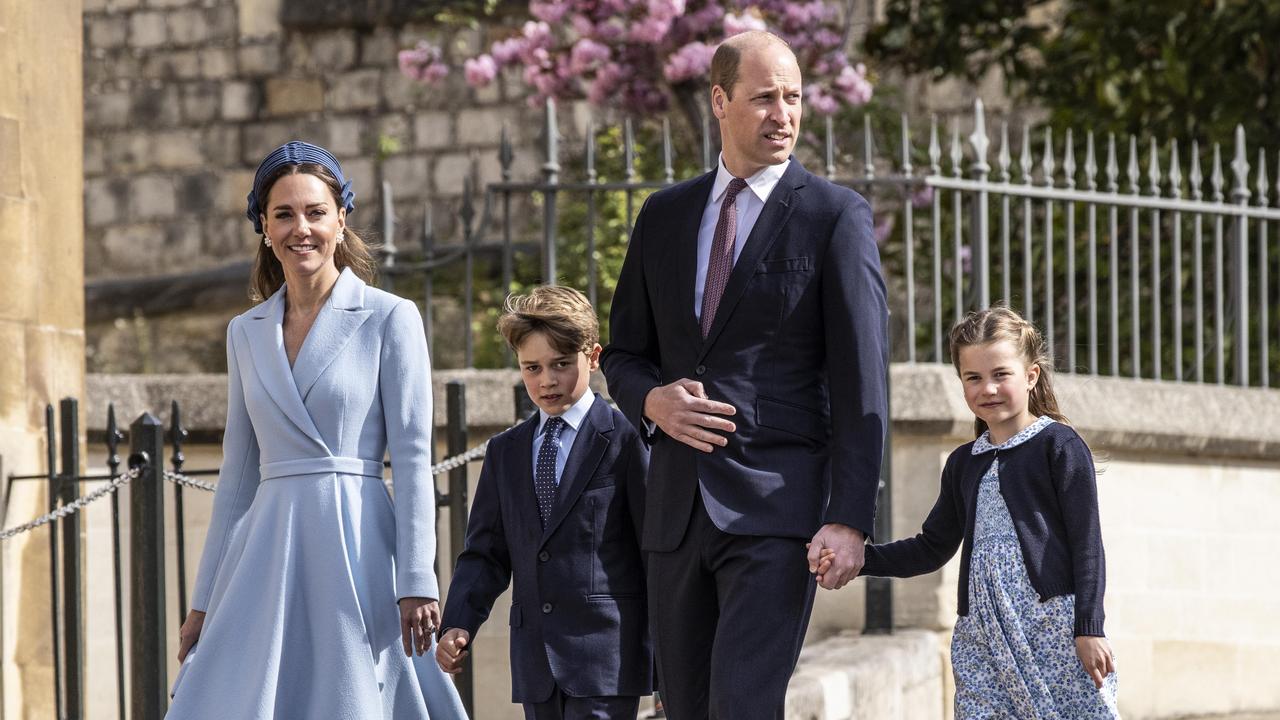 Prince William, Duke of Cambridge, Catherine, Duchess of Cambridge and their children, Prince George and Princess Charlotte attended a church service at St George’s Chapel on Sunday. Picture: Jeff Gilbert-WPA Pool/Getty Images