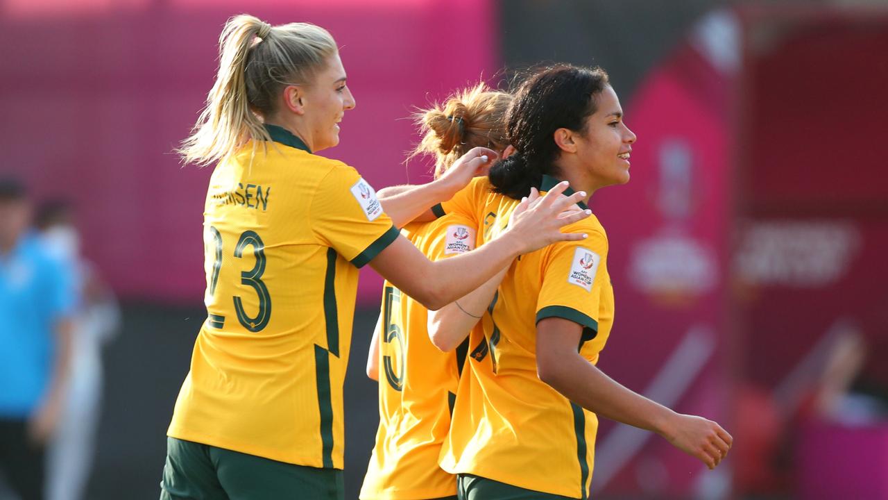 Mary Fowler (right) is confident the Matildas are on track to win the Asian Cup. Picture: Thananuwat Srirasant/Getty Images