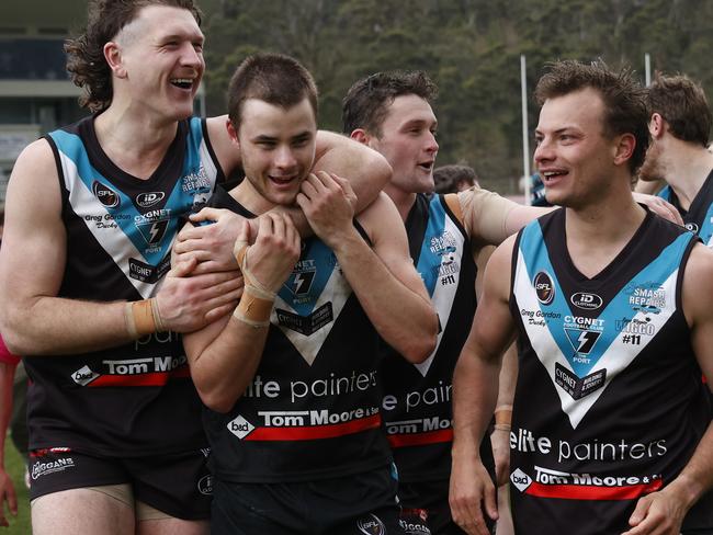 Will Polley, Mitchell Lister, Jakob Lister Cygnet. SFL grand final 2024 - Cygnet V Lindisfarne.  Picture: Nikki Davis-Jones