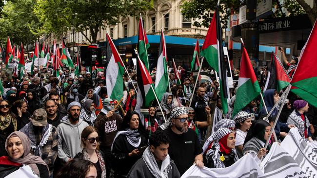 Pro-Palestine supporters march towards Parliament House during a Free Palestine Rally in Melbourne. Picture: NCA NewsWire / Diego Fedele