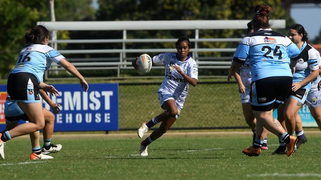 Darwin Brothers' Womens Calista Boyd plays against Sharks in the Humpty Dumpty Foundation round of 2022 NRLNT season. Picture: (A)manda Parkinson