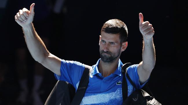 NCA. MELBOURNE, AUSTRALIA. 23rd January 2025.   Day 13 . Australian Open Tennis at Melbourne Park. Novak Djokovic vs Alexander Zverev on Rod Laver Arena .    Novak Djokovic leaves the court after he retired hurt after the 1st set  .  Picture: Michael Klein