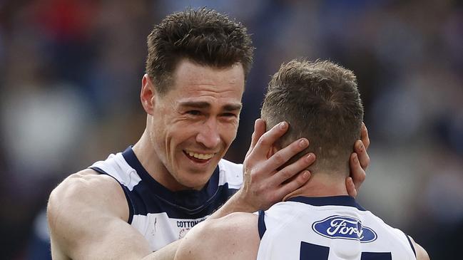 Geelong's Joel Selwood and Jeremy Cameron get emotional after the final siren of the 2022 Grand Final. Picture: Phil Hillyard.