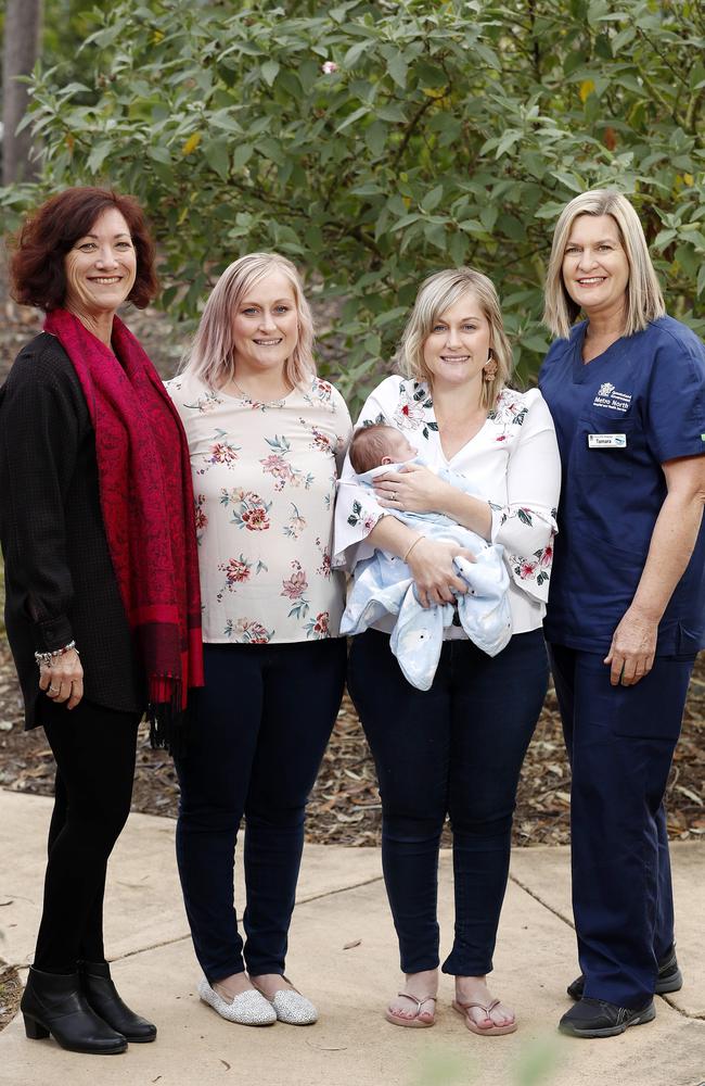 Former midwife Sally West with Sally Londero, Tamara Walker and baby Tex Walker, 2 weeks old, and Midwife Tamara Benedict at Redcliffe Hospital. Picture: Josh Woning