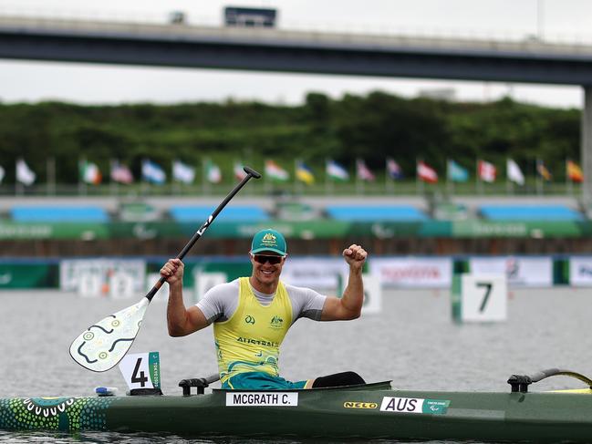 Curtis McGrath celebrates his gold medal. Picture: Dean Mouhtaropoulos/Getty Images