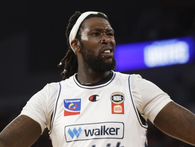 MELBOURNE, AUSTRALIA - NOVEMBER 17: Montrezl Harrell of the Adelaide 36ers reacts during the round nine NBL match between Melbourne United and Adelaide 36ers at John Cain Arena, on November 17, 2024, in Melbourne, Australia. (Photo by Darrian Traynor/Getty Images)