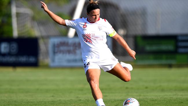 Adelaide United captain Amber Brooks has formed a solid defensive partnership with Julia Ashley. Picture: Bradley Kanaris/Getty Images