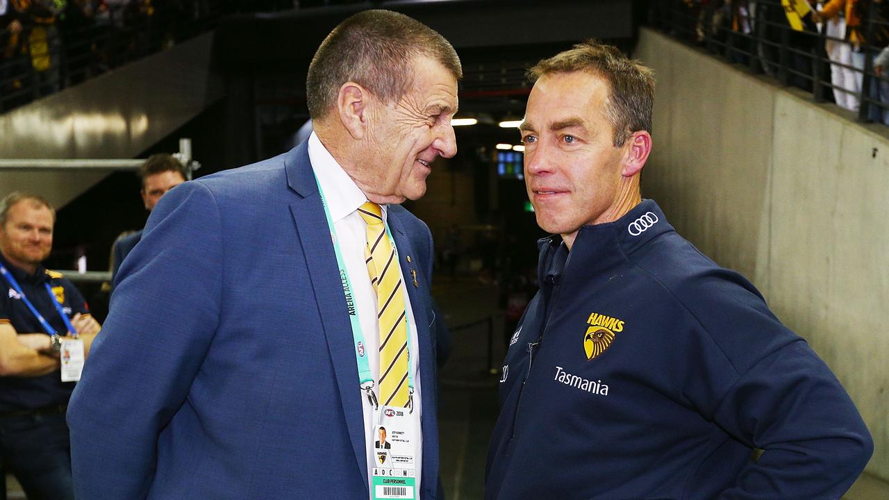 Hawks head coach Alastair Clarkson with president Jeff Kennett in 2018. Picture: Michael Dodge