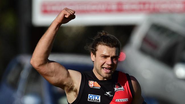 Outgoing West forward Mason Middleton celebrates kicking a goal. Picture: Tom Huntley