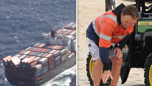 Other containers teeter on the deck of the APL England; and the cleanup underway.