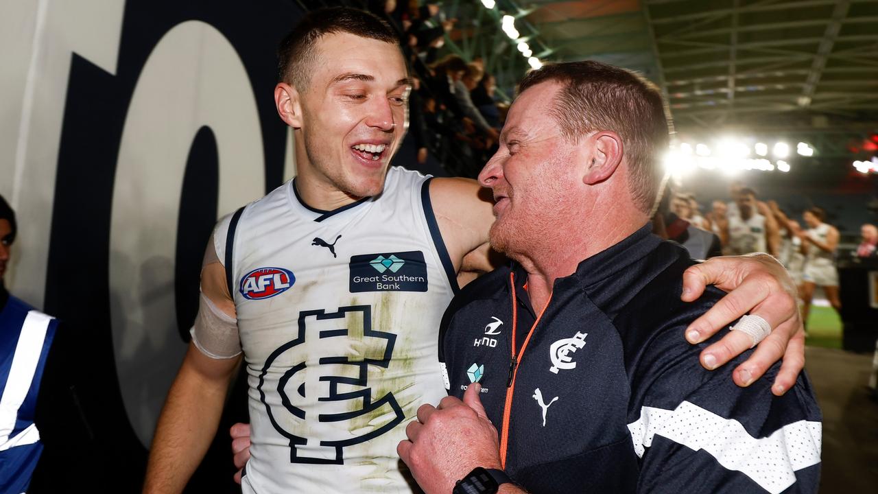 Patrick Cripps and Michael Voss are building a strong partnership as captain and coach. Picture: Michael Willson/AFL Photos via Getty Images