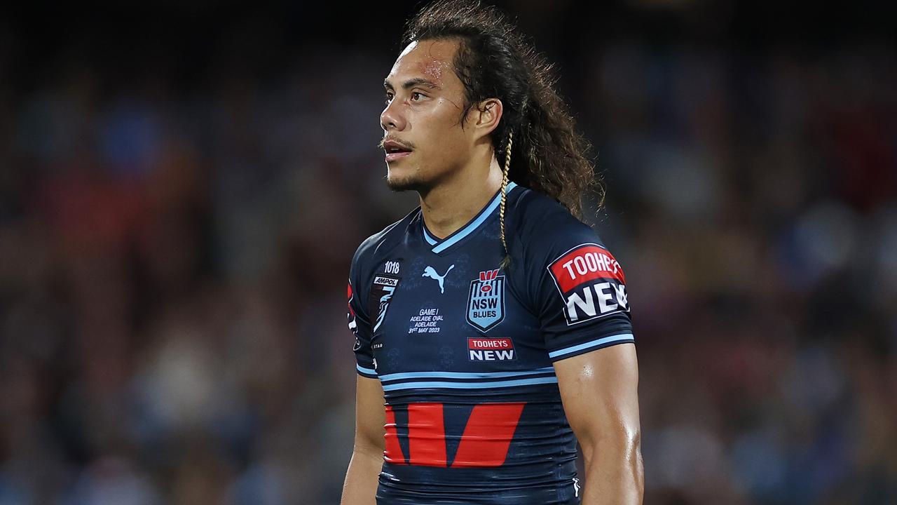 ADELAIDE, AUSTRALIA - MAY 31: Jarome Luai of the Blues reacts during game one of the 2023 State of Origin series between the Queensland Maroons and New South Wales Blues at Adelaide Oval on May 31, 2023 in Adelaide, Australia. (Photo by Cameron Spencer/Getty Images)