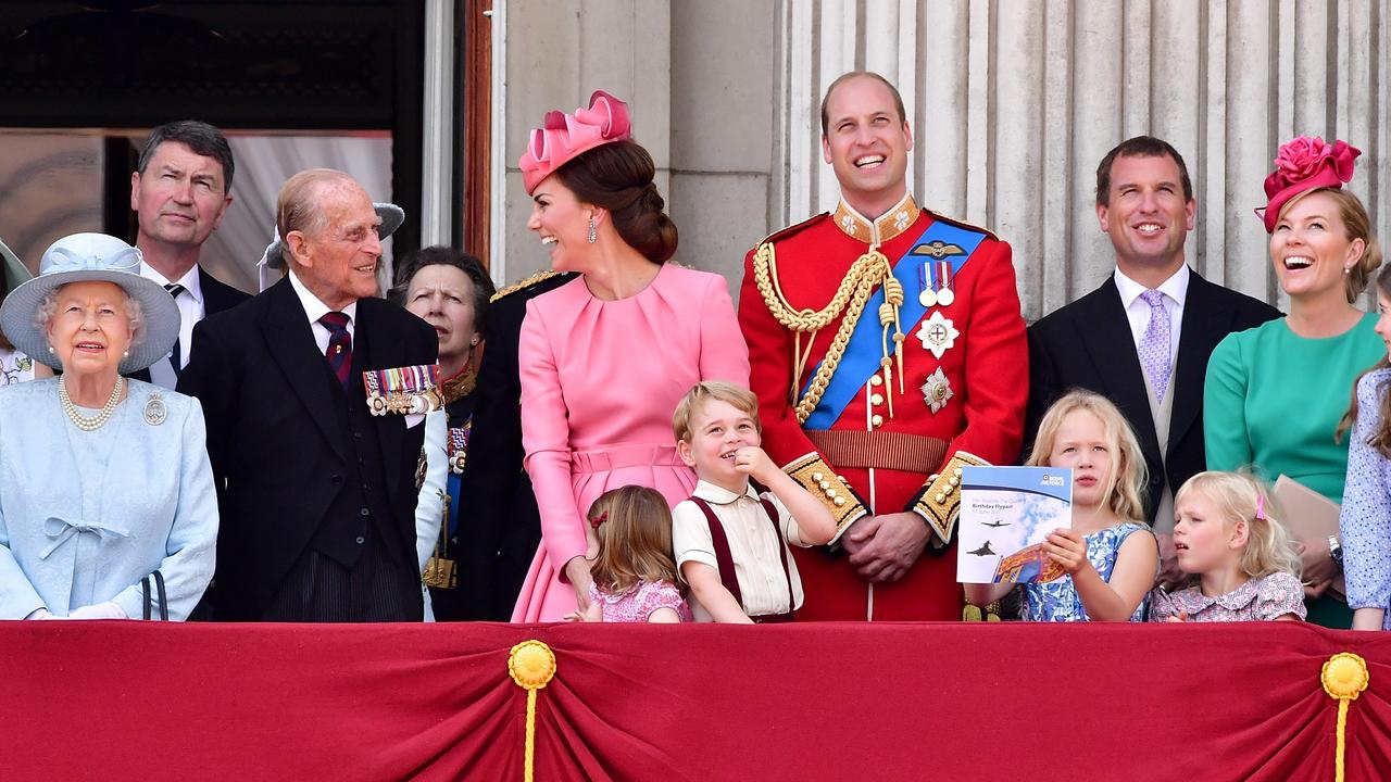 Queen Elizabeth II, Vice Admiral Timothy Laurence, Prince Philip, Duke of Edinburgh, Catherine, Duchess of Cambridge, Princess Charlotte of Cambridge, Prince George of Cambridge, Prince William, Duke of Cambridge, Savannah Phillips, Peter Phillips, Isla Phillips and Autumn Phillips stand on the balcony of Buckingham Palace during the Trooping the Colour parade on June 17, 2017. Picture: James Devaney/WireImage