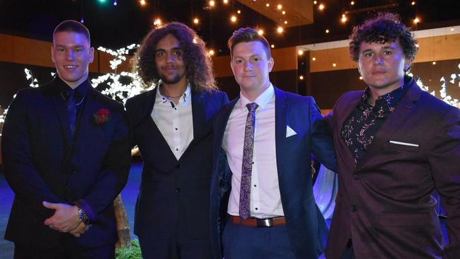 Bradley Sauer, Jeremey Tass, Lachy Heel and Nicholas Bonnello at the Mackay North State High School Year 12 formal at the Mackay Entertainment and Convention Centre, Saturday November 21, 2020. Picture: Heidi Petith