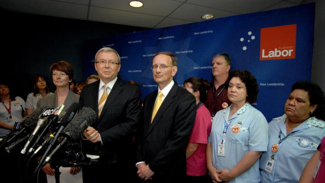 Kevin Rudd, Julia Gillard and Shayne Neumann campaign together at the Ipswich Hospital during the 2007 election campaign. Picture: Patrick Hamilton