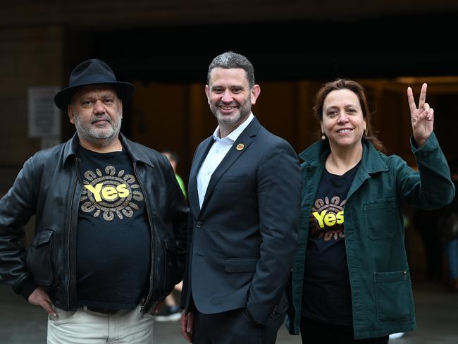 ADELAIDE, AUSTRALIA - NewsWire Photos August 29, 2023: Aboriginal Affairs Minister Kyam Maher (centre), Indigenous leader Noel Pearson (left) and movie director Rachel Perkins held a press conference regarding the Voice referendum at Adelaide Railway Station. Picture: NCA NewsWire / Naomi Jellicoe