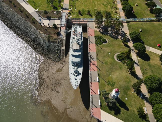 A drone photo of the HMAS Gladstone at East Shores. Picture: Rodney Stevens