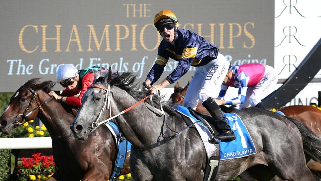 Jockey Tommy Berry after leading Chautauqua to a stunning last-to-first finish in the TJ Smith Stakes at Randwick in 2017. Picture: AAP